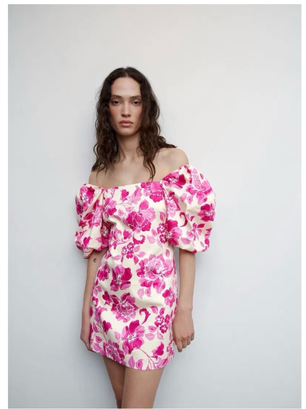 Mango Pink Floral Puff Sleeve Mini Dress Square Neck